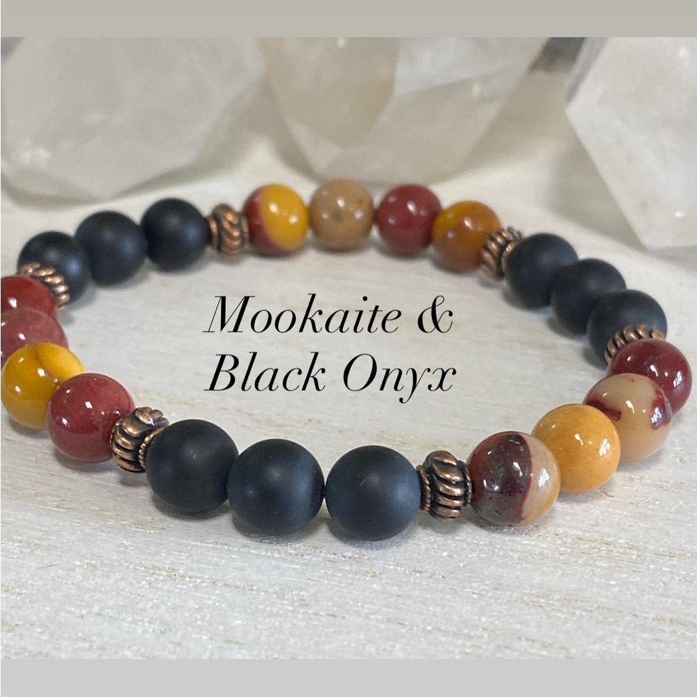 2/$40 - Mookaite and Black Onyx Gemstone Bracelet - Unisex - 8mm